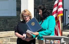 Linda Lawlor being recognized by Dutchess County Executive Sue Serino today in Hyde Park. 